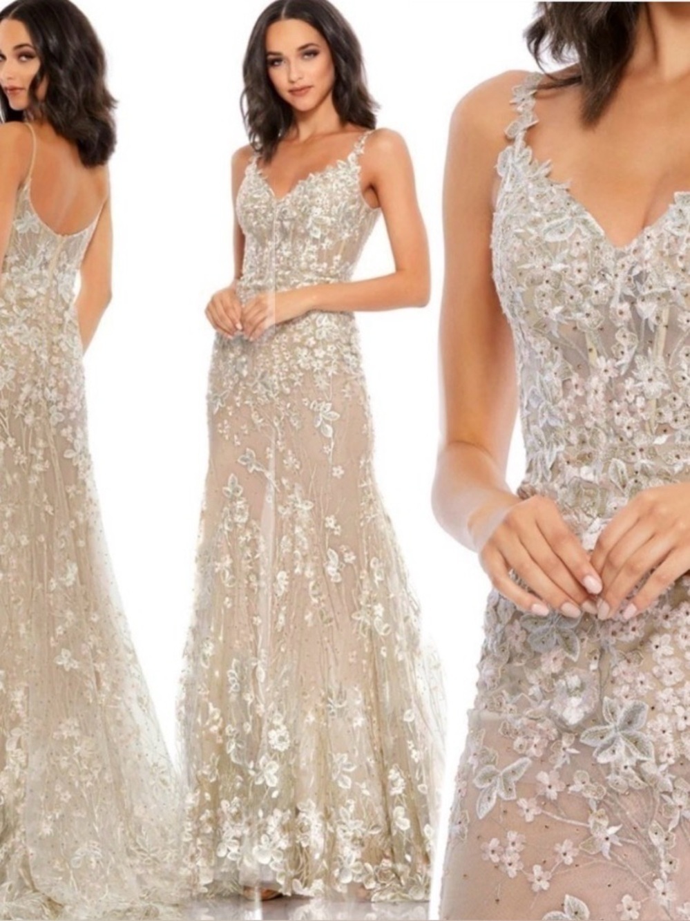 Mac Duggal Beaded Champagne-Illusion Floral Maxi Dress NWT